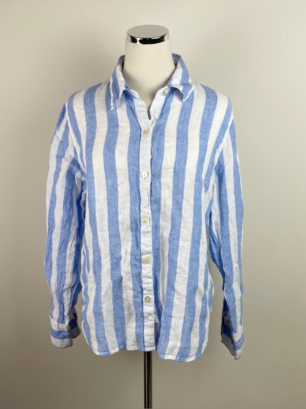 C&C California Blue White Stripe Linen Collared Button Down Shirt Top Large
